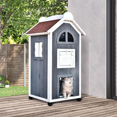 Будинок для котів PawHut на вулицю, 2-поверховий, з теневого дерева, сірий, 59 x 55 x 109 см