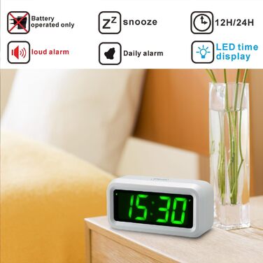 Цифровий годинник-будильник Timegyro з LED дисплеєм, на батарейках, для подорожей, настільний, 3 рівні яскравості, великий LED дисплей 1.2' для спальні, вітальні, чорно-білий (біло-зелений)