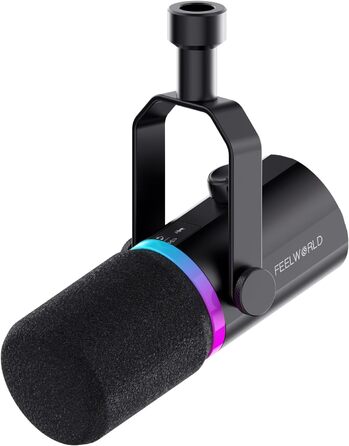 Мікрофон FEELWORLD PM1 XLR/USB з RGB-підсвічуванням для запису подкастів, геймінгу та YouTube. З підсвічуванням RGB, регулятором гучності та навушником.
