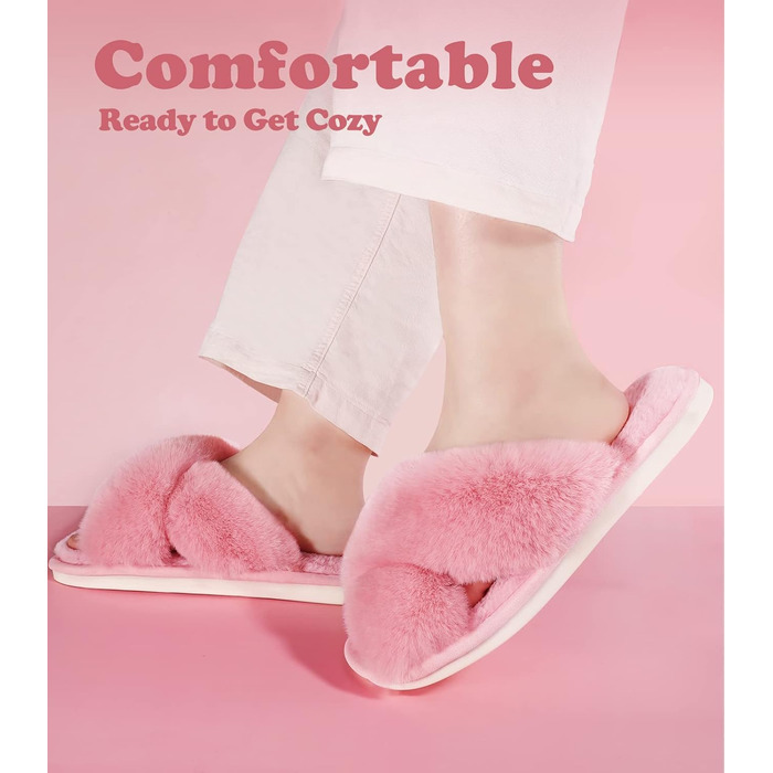 Тапочки жіночі Ankis з плюшу, теплі зимові, з перехресними ремінцями, з піною Memory, відкриті пальці, пухнасті, для дому та вулиці (білі, чорні, сірі, рожеві, верблюжі), 38/39 EU, рожеві