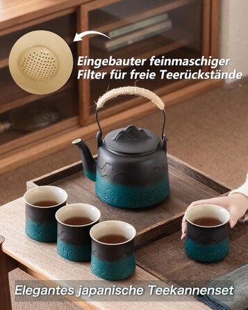 ZENS Design Japanese Teapot, 1000ml Gradient Embossed Japanese Ceramic Teapot with Built-in Strainer and Hemp Rope Handle for Loose Leaf Tea Steeper, Gift for Tea Lovers, Black & Bean Green (Black & Green, 1000ml Teapot & 4 of 200ml Cups)