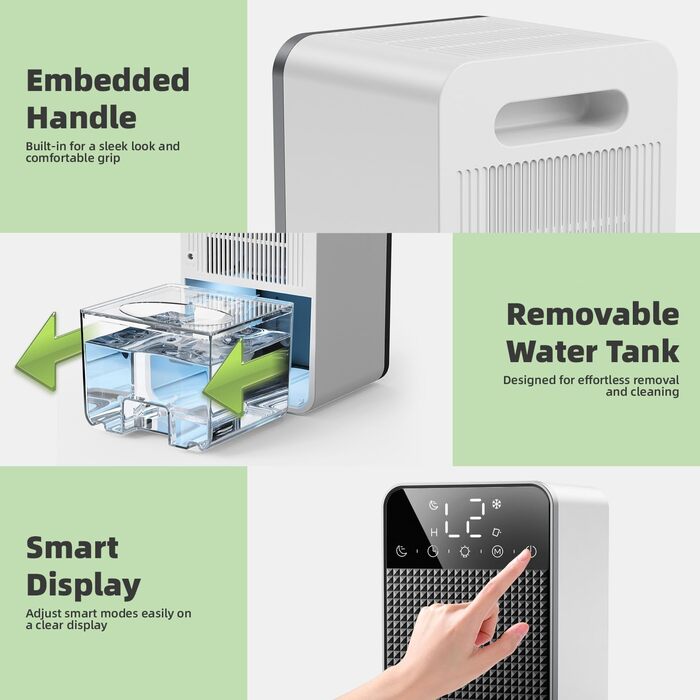 Зволожувач повітря 1800 мл з функцією відтавання (<5 °C), таймером 2-12 годин, режимом сну та 7-кольоровою LED-індикацією. Підходить для спалень, ванних кімнат та шаф (700 мл/24 год)