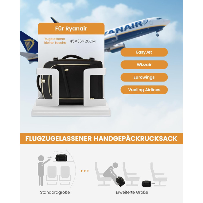 Рюкзак для ручної поклажі LOVEVOOK 45x36x20, 32L, чорний. Підходить для Ryanair, Eurowings, Wizz Air. З антикрадіжною кишенею.