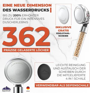 ALPENKRAFT Zugspitze Showerhead Original Made in Germany - Water-saving and pressure-enhancing showerhead - High-pressure showerhead with activated carbon and zeolite filter beads