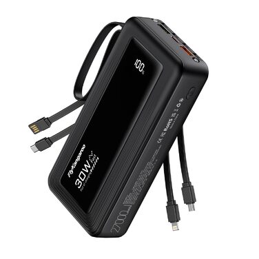 Повербанк з 4 вбудованими кабелями 27000mAh 30W USB-C швидка зарядка, зовнішній акумулятор з LED-дисплеєм для iPhone, Samsung, iPad та Android (Чорний)