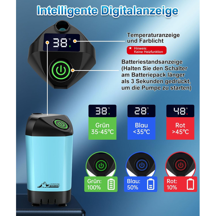 WADEO Portable Camping Shower Battery with Pump and Shower Bucket, Camping Shower with Rechargeable Battery, Mobile Shower Outdoor Showers with Shower Head, for Camping Trips, Garden, Hiking, Car Washing (Blue, with 20L Container)