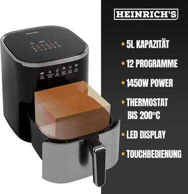Фритюрниця повітряна HEINRICHS 9 літрів XXL, 10-в-1, LED-дисплей, 1800W, для здорового харчування