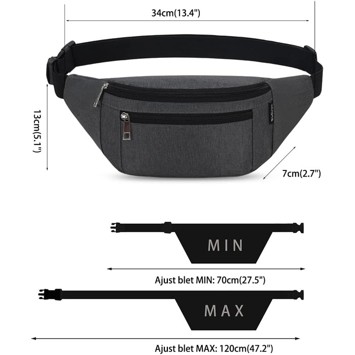 Поясна сумка на пояс, нагрудна сумка, спортивна сумка для чоловіків та жінок, водовідштовхувальна, Doggy Bag, велика, для телефону, через плече, для кемпінгу, піших прогулянок, фітнесу, велосипеда, бігу (темно-сірий)