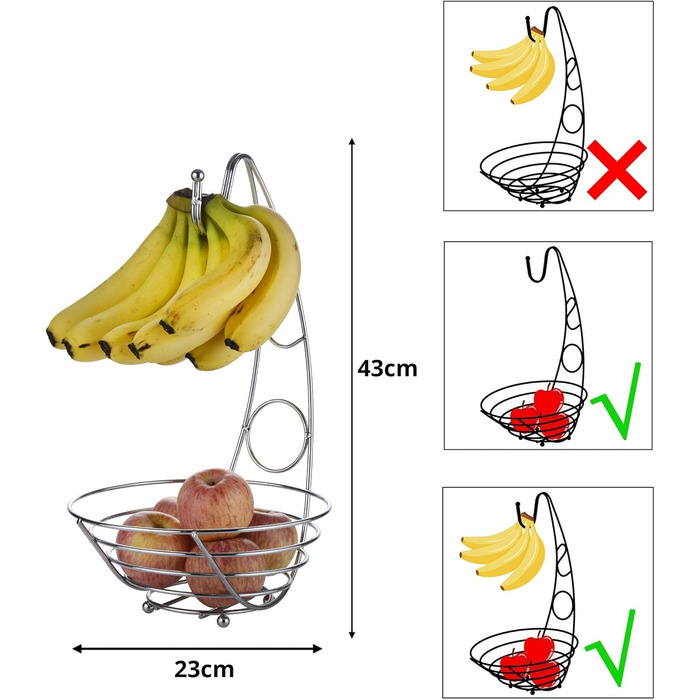 Металева фруктова корзина з кріпленням для бананів. 41 см, полиця для фруктів з дроту, підвісна стійка для бананів – хром (Ex-fb017)