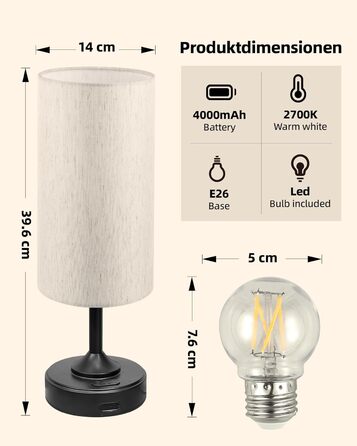 Світлодіодна настільна лампа EZVALO з сенсорним димером, акумуляторна (4000mAh), USB-C, тепле світло 2700K, чорна - 1 шт.