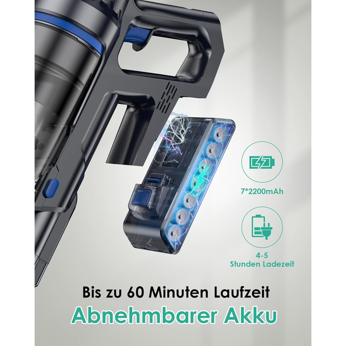 Бездротовий акумуляторний пилосос з функцією миття підлоги, 45000 Па/550 Вт/60 хв, безщітковий двигун, LED-дисплей, самостійна парковка, для твердих поверхонь, килимів та шерсті тварин, блакитний
