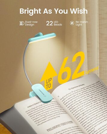 LED лампа для читання Glocusent з кріпленням на книгу, 22 світлодіоди, таймер, регулювання яскравості та кольору, акумулятор 1000 mAh (до 100 годин), для книголюбів, блакитна