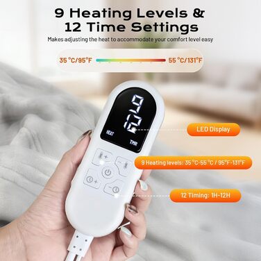 Електрична ковдра з автовимкненням 130x180 см, 8 режимів нагріву, захист від перегріву, двостороння, для ліжка/софи, сіра