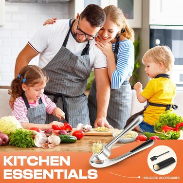 Прес для часнику з нержавіючої сталі, високоякісний, стійкий до іржі та придатний для миття в посудомийній машині, довговічний набір для подрібнення часнику з очищувачем та щіткою, матовий