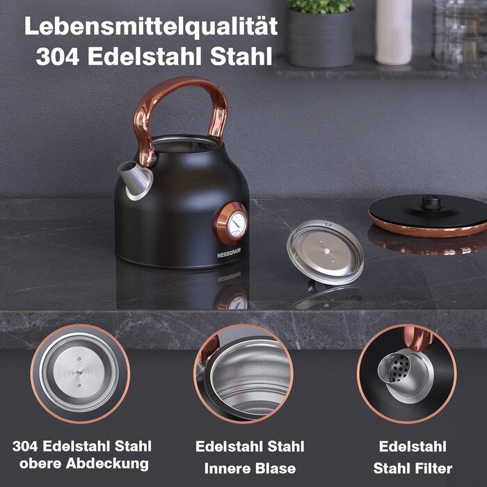 Чайник електричний NESSGRAIM Retro, 1.7л, чорний, з LED-індикатором та великим термометром