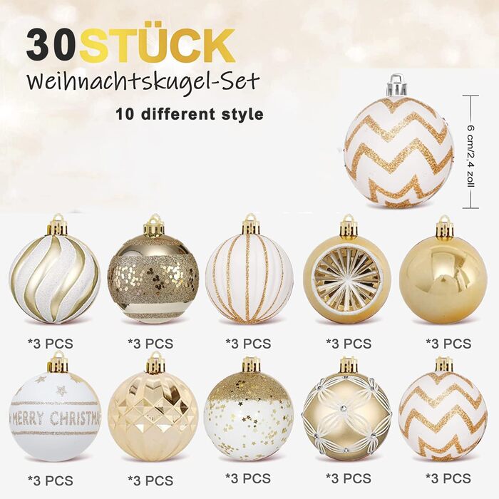 Набір прикрас на ялинку: 30 золотих ялинкових кульок (60 мм, пластик) з гачками для ялинки, святкування, вечірка, весілля