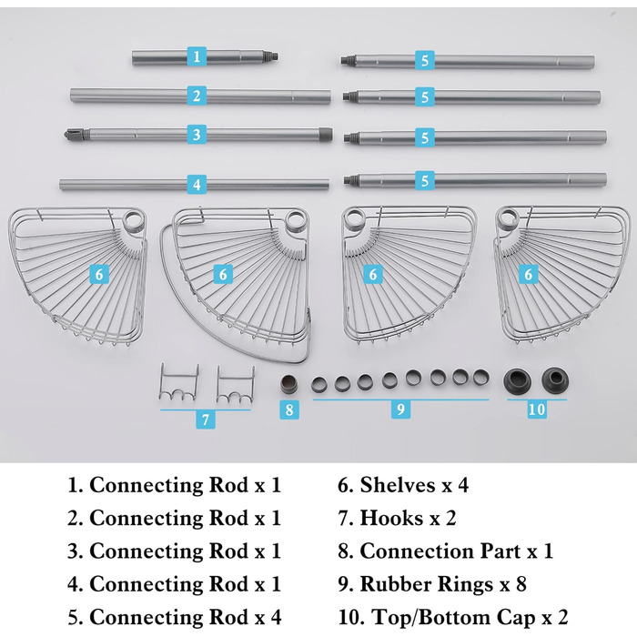 DUFU Кутовий полиця для душу з 4 кошиками, металева, регульована висота 73-265см, без свердління, антиковзаюча, сіра