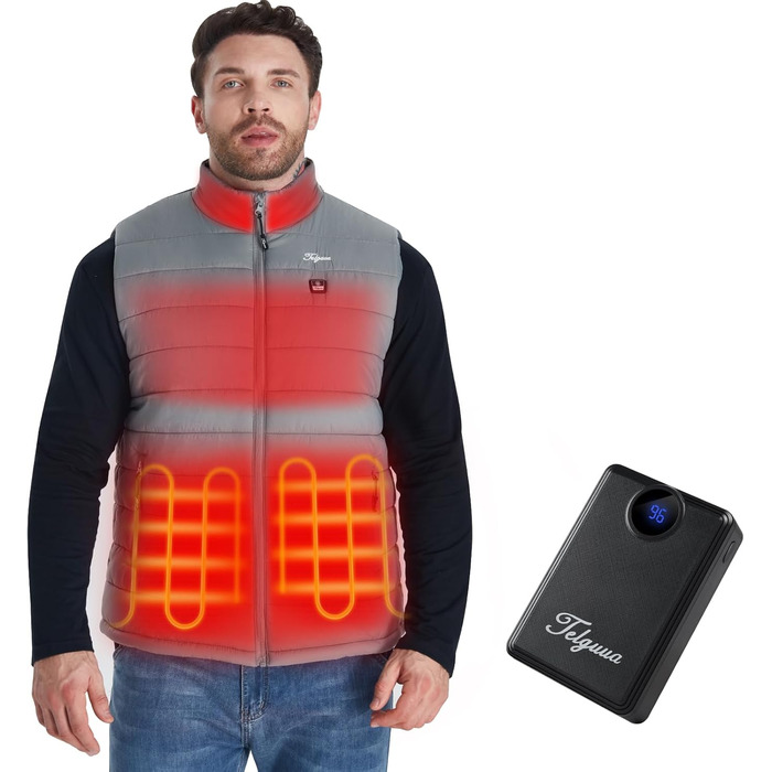 Електрична грійна жилетка для чоловіків Telguua з powerbank 12000mAh, 3 температурні режими, 4 зони обігріву, USB, для катання на лижах та роботи на вулиці (Сірий)