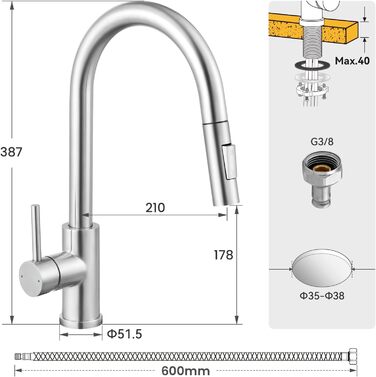 Чорний кухонний змішувач CECIPA SOFETIY SERIE з висувною лійкою, нержавіюча сталь, 360° обертання, 2 режими струменя