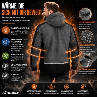 Чоловіча зимова робоча куртка BWOLF OLYMPIA — водонепроникна та вітрозахисна тепла куртка з капюшоном, сіра, розмір S