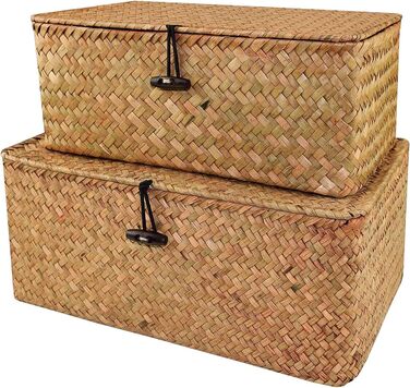 Woven Rattan Storage Basket, Storage Box with Lid, Seagrass, Laundry Baskets, Makeup Organizer for Bathroom, Living Room, Kitchen