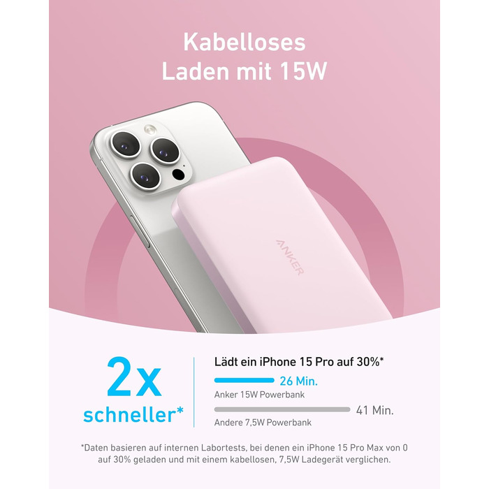 Anker MagGo Powerbank 10000mAh: портативний зарядний пристрій з MagSafe для iPhone 16/15/14/13 (Рожевий)