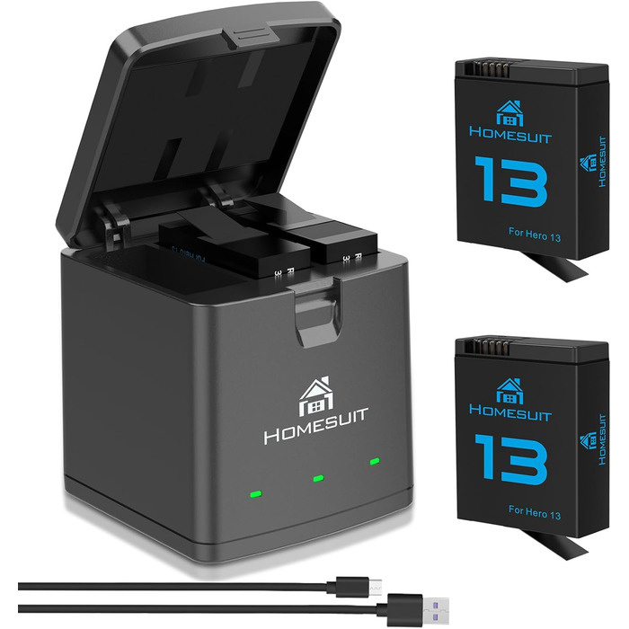 Набір акумуляторів Homesuit Hero 13 з LED зарядним пристроєм (2шт) для GoPro Hero 13 Black Enduro. Акумулятори 2300mAh, USB Type-C PD3.0, швидка зарядка.