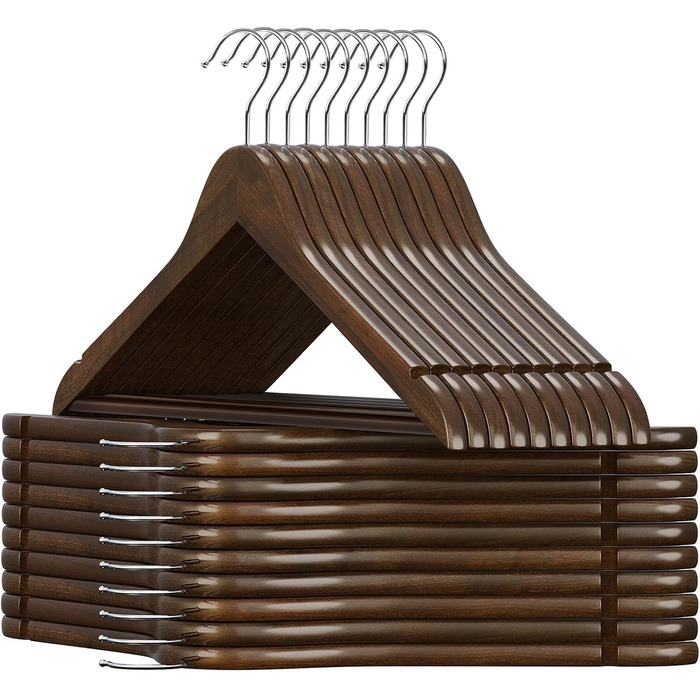 ABHENG Clothes Hangers, Wood, 20 Pieces, Wooden Hangers with Non-Slip Trouser Bar and 360° Swivel Hook, Shoulder Notches, Made from Natural Wood, Dark Walnut Color, AWY0320H