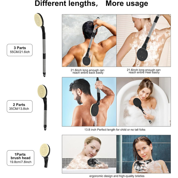 Щітка для спини з довгою ручкою для душу, 55,1 см, чорна. Ідеально для людей похилого віку та з обмеженою рухливістю рук. Для скрабу та здорової шкіри.