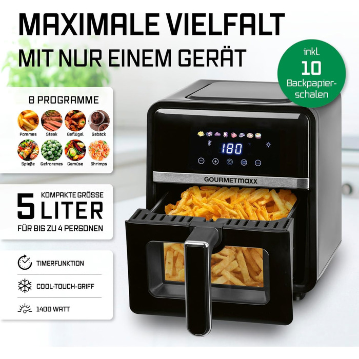 Фритюрниця без олії GOURMETmaxx 4.5L з цифровим дисплеєм, таймером та захистом від перегріву, чорна