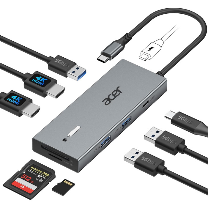 Док-станція Acer USB-C 9-в-1: Dual HDMI 4K@60Hz, 3xUSB-A, USB-C 5Gbps, 100W PD, SD/TF, для Dell, Chromebook, MacBook, Surface