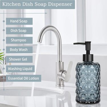 Скляний дозатор для мила 500 мл з хвильовим дизайном для ванної кімнати та кухні, з чорною пластиковою помпою, дерев'яними етикетками та воронкою (вугільно-блакитний)