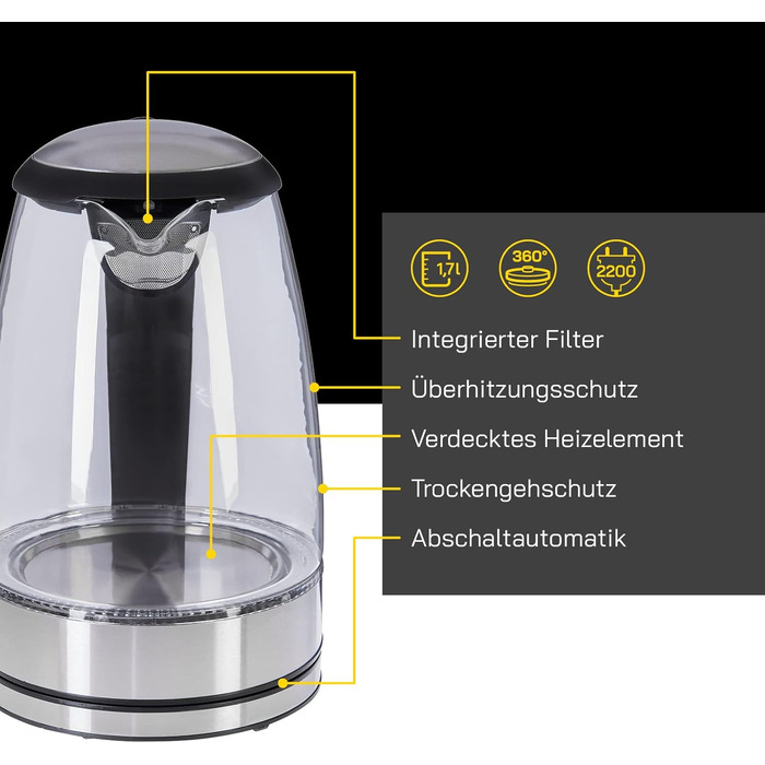 Електричний чайник 1.7л, 2200 Вт, Anti-Kalk, захист від перегріву, чорний (скло)