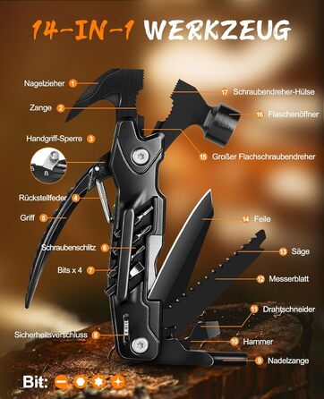 Багатофункціональний молоток-мультитул 14-в-1: плоскогубці, пилка, викрутки та інше. Компактний інструмент для кемпінгу, туризму, виживання, авто-надзвичайних ситуацій. Чудовий подарунок для чоловіків, на День батька для тата