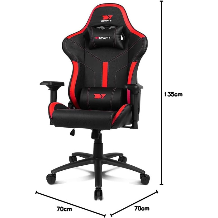 Професійне ігрове крісло DRIFT GAMING DR350 ергономічне, з 4D-підлокітниками, подушками під поперек та шию, нахил 135°, безшумні колеса, чорно-червоне