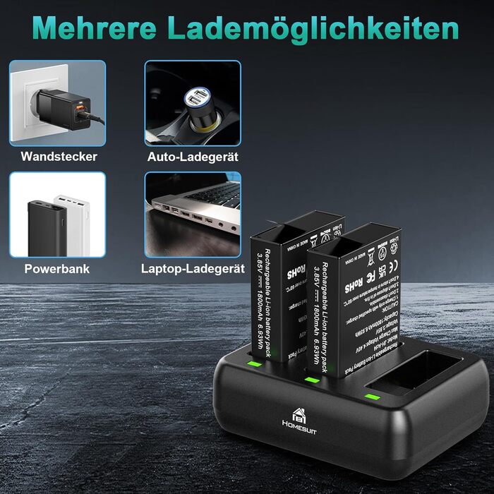 Набір акумуляторів та зарядного пристрою Homesuit для DJI Osmo Action 4/3: 2x акумулятор 1800mAh, Dual USB LED Charger