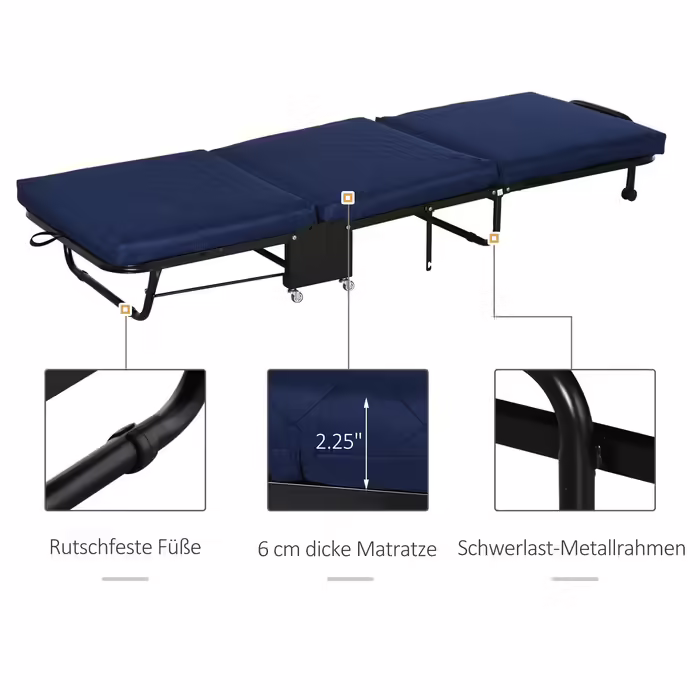 HOMCOM Folding Guest Bed 2-in-1 with Adjustable Headrest and Wheels, Steel Frame, Foam, Blue 184x65x26cm for Flexible Sleeping