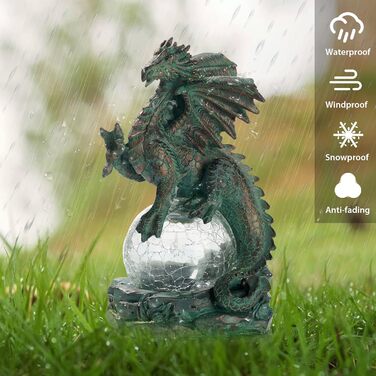 TERESA'S COLLECTIONS 22cm Garden Dragon Figurine with Solar Light, Garden Statue Solar Glass Balls Lighting Waterproof Bronze Resin Garden Figures for Outdoors, Lawn Gifts for Women