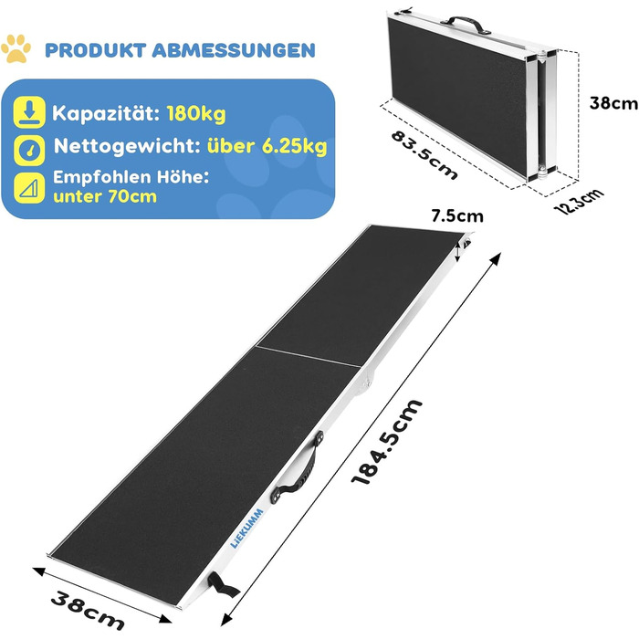 Рампа для собак Liekumm 90 кг, телескопічна, алюмінієва, 99-182 см, для авто, кросоверів, сходів, дверей