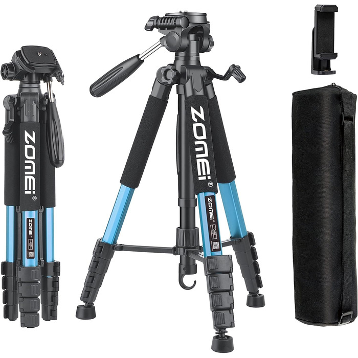 Штатив ZOMEi 188см - професійний для фото та відео, сумісний з DSLR, телефонами, проекторами (чорний, блакитний)