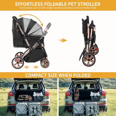 Візок для собак DWVO 3-в-1: візок, переноска, сумка для транспортування. Підходить для собак та котів до 22 кг. Зручний, складаний, з міцними EVA-колесами, кошиком та сітковими віконцями. Розміри: 58,5x76x105 см. Чорний колір.