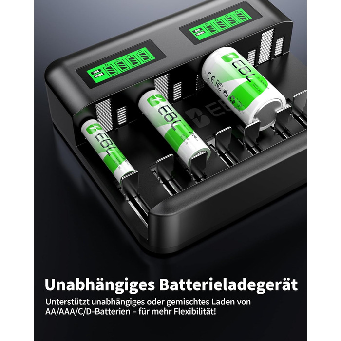 Зарядний пристрій EBL для акумуляторів AA AAA C D NI-MH, Type-C, LCD дисплей, швидка зарядка