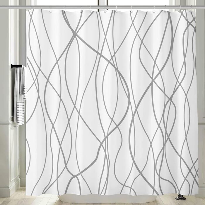 Шторка для душу M&W Design з поліестеру, з лініями, антигрибкова, водовідштовхувальна, біла, 180x200 см, з 12 C-кільцями, з обтяженим краєм