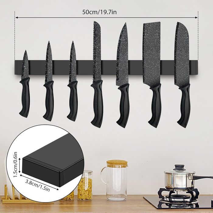 Magnetic Knife Strip 50cm, Stainless Steel Magnetic Knife Holder, Magnetic Knife Holder Screw, Self-Adhesive Magnetic Strip for Knives and Utensils