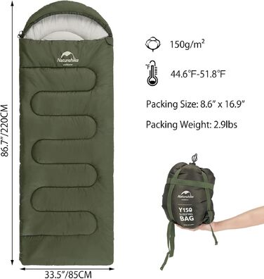 Бавовняний спальний мішок-худі Naturehike Y150L, температурний режим -6°C, зелений, лівий