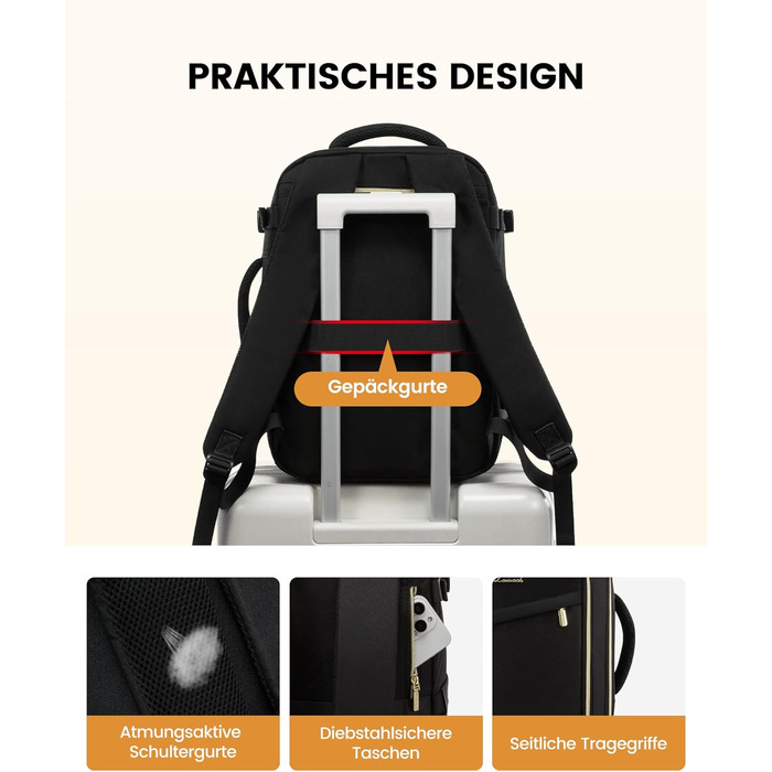 Рюкзак для ручної поклажі LOVEVOOK 45x36x20, 32L, чорний. Підходить для Ryanair, Eurowings, Wizz Air. З антикрадіжною кишенею.