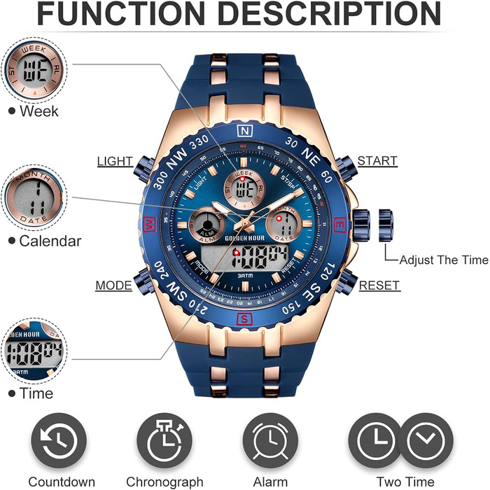 Чоловіжі військові спортивні годинники: цифрові, аналогові, з датою, будильником, світосвітністю, секундоміром. Великі годинники для чоловіків (Rose Gold Blue)