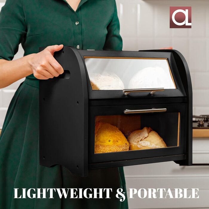Бак для хліба Arise з вентиляцією, великий контейнер для зберігання хліба, 2 полиці та вікно, дерев'яний контейнер для хліба, булочок, хлібосховище. 40 x 26 x 37, бамбук чорного кольору, самостійна збірка