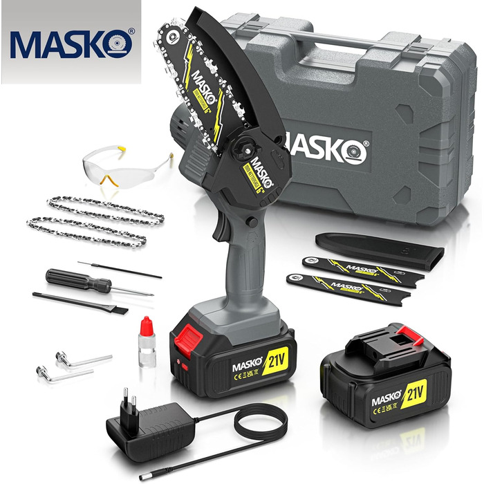 MASKO® Міні акумуляторна бензопила 800W, 6 дюймів, 8000mAh | Електрична пила з автоматичною подачею оливи | Ручна бензопила для обрізки гілок та деревини | У комплекті кейс, 2x акумулятори 4000mAh та 2 запасні ланцюги 6 дюймів, чорний/антрацит