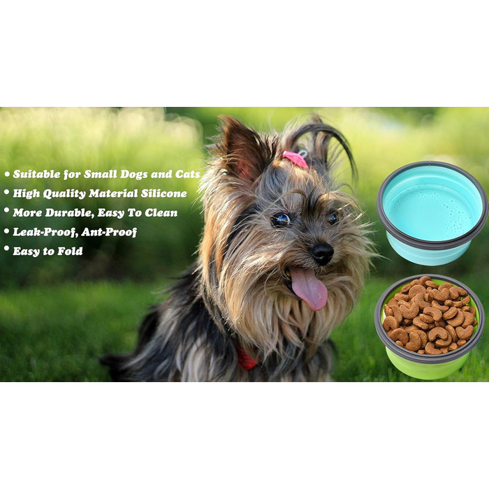 Складані миски для собак з силікону для корму та води, для подорожей, з кришкою, портативні, розширювані, для домашніх тварин, для прогулянок, кемпінгу, 2 шт. блакитний / зелений (Small, блакитний / зелений)